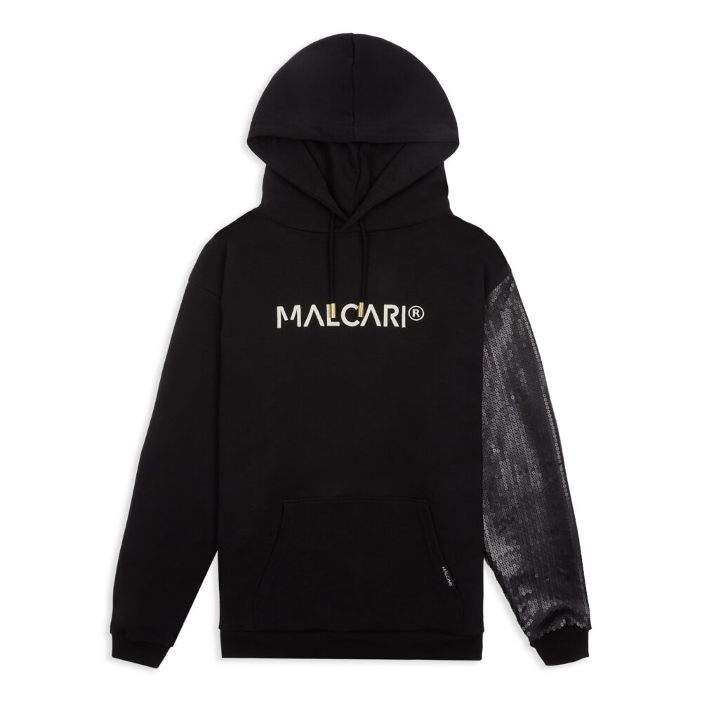 MALCARI Men's Hoodie black matt sequin embroidered  sleeve