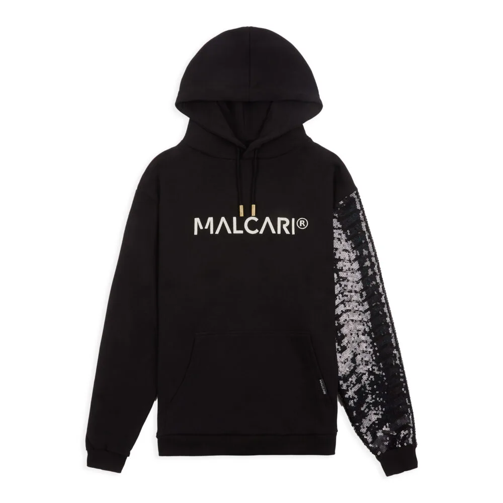 MALCARI Men's Hoodie black shiny sequin embroidered sleeve